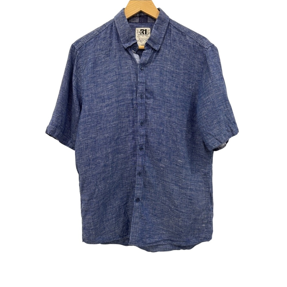 Le 31 Simons Premium Linen Short Sleeve Button-Up Shirt Blue Size S 100% Linen